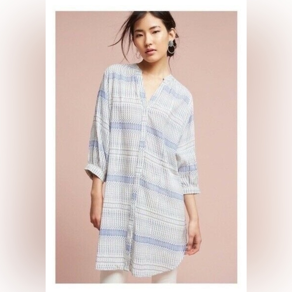 Blue and White Patterned Shirt Lena tunic button up top/dress.